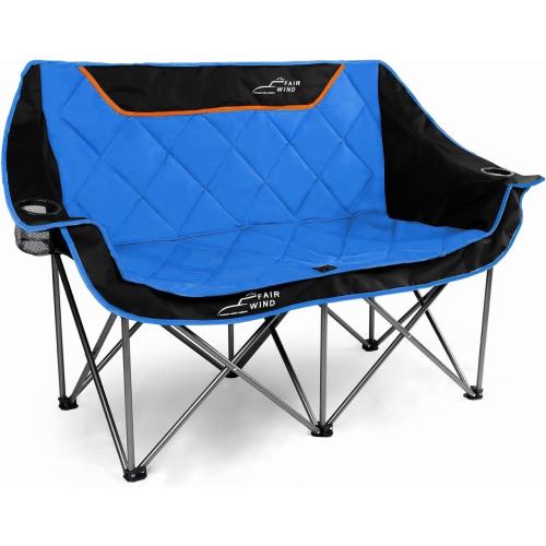 FAIR WIND Oversized Fully Padded Camping Chair Folding Loveseat Camping Couch Double Duo Chair Heavy Duty Quad Fold Arm Chair with Cup Hold - Supports 650 LBS Blue