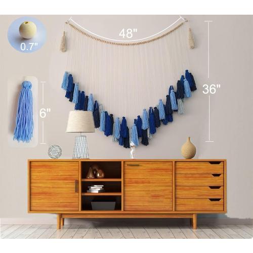 LVOPO Large Macrame Wall Hanging, Boho Wall Decor with Wood Beads, Bohemian Woven Wall Tapestry, Room Colorful Tassels Wall Art - Blue - 48 W x 36 H