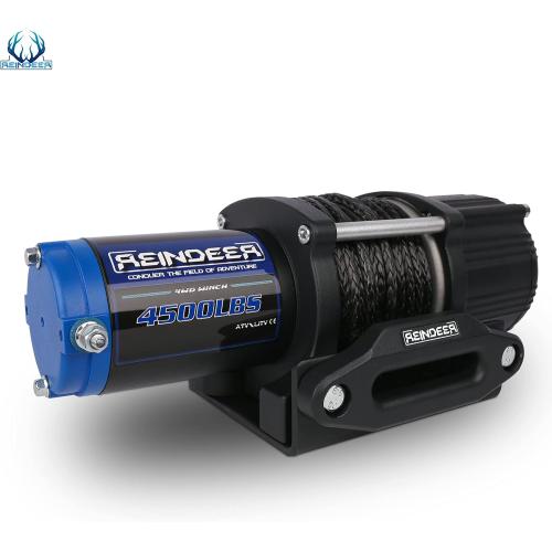 REINDEER New 12V Winch 4500 lb Load Capacity Electric Winch Kit Synthetic Rope with Hawse Fairlead Waterproof IP67 with Wireless Remotes for 4X4 Side by Side 4 Wheeler ATV UTV Rescue Recovery