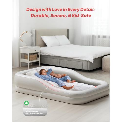 QPAU Inflatable Toddler Travel Bed with 3-Sided Safety Bumpers, Extra Large Kids Air Mattress, Includes Detachable Mattress, Portable for Camping, Travel, Home Use (Grey)