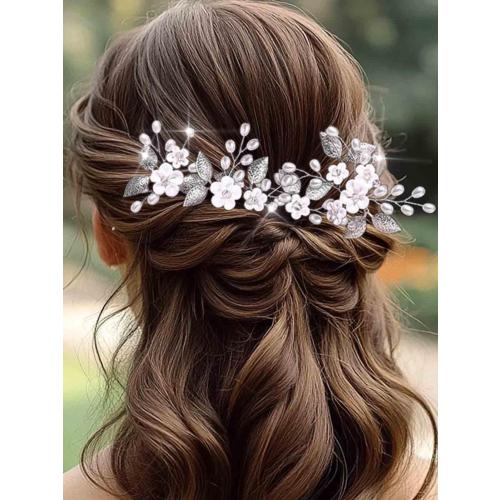 Yean Flower Bride Wedding Hair Pins Silver Leaf Bridal Hair Pieces Pearl Hair Accessories for Women and Girls (Pack of 5)