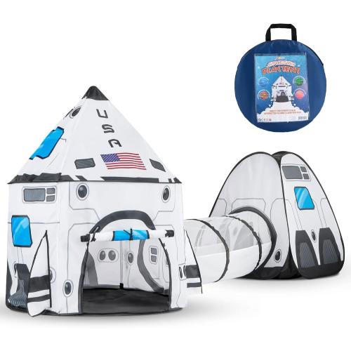 JOYIN White Rocket Ship Pop up Play Tent with Tunnel and Playhouse Kids Indoor Outdoor Spaceship Tent Set