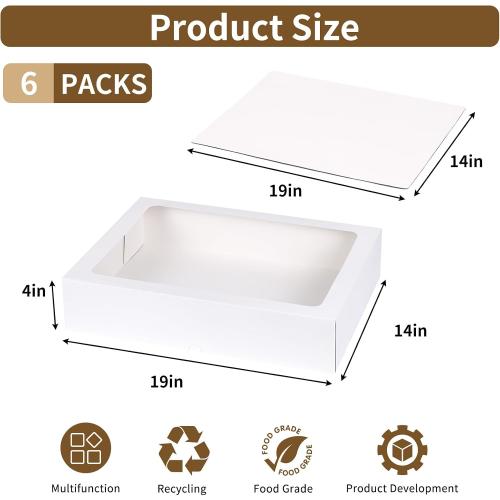 Moretoes 6pcs 19x14x4In Large Half Sheet Cake Boxes with Thick Cake Boards | Clear Window, White Rectangle Bakery Boxes for Cake Pastry Baking, Cupcake, Muffins, Pie
