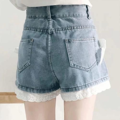 Harajuku Large Y2K Style Pastel Kawaii Gothic High Waisted Straight Wide Leg Vintage Lace Bows Trim Denim Shorts