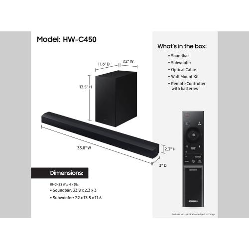 Samsung HW-C450 2.1ch Soundbar w/DTS Virtual X, Subwoofer Included, Bass Boost, Adaptive Sound Lite, Game Mode, Bluetooth, Wireless Surround Sound Compatible