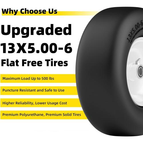 13x5.00-6 Flat Free Lawn Mower Tire, 13x5-6 Zero Turn Mower Front Tires, 13x5x6 Solid Mower Wheel for Residential and Commercial, 3/4 and Extra 5/8 Bearing, 3.25-5.9 Center Hub, 2Pack White