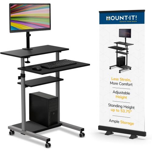 Mount-It! Mobile Computer Cart with Monitor Mount for Screen up to 32, Portable Desk on Wheels, Rolling Laptop Stand Teachers, Office, Classroom, Rise up to 53, Projector, Podium, Keyboard Tray❗MAY HAVE MISSING PIECES❗