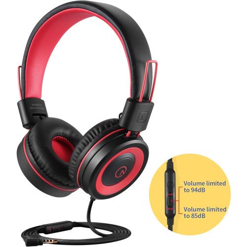 noot products Kids Headphones with Microphone K12 Stereo 5ft Long Cord with 85dB/94dB Volume Limit Wired On-Ear Headset for iPad/Amazon Kindle,Fire/Toddler/Boys/Girls/School (Red Black)