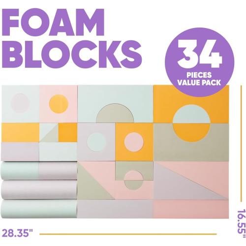 Set of 34 Jumbo Large Foam Blocks for Toddlers - Stacking Soft Blocks for Kids with Shapes & Colors Learning - Construction Building Preschool Toys - Giant Foam Bath Blocks for Toddlers 3-5 & above