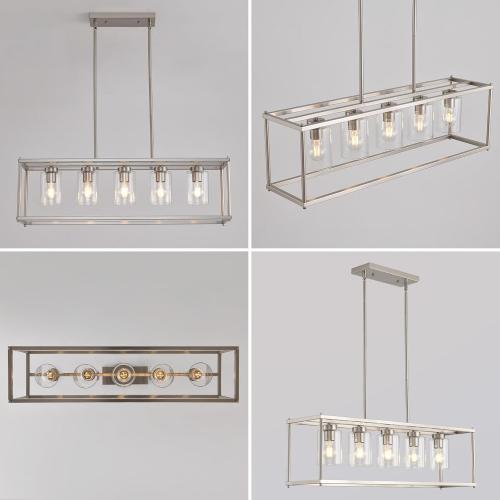 Farmhouse Chandeliers for Kitchen Island, Modern 5-Light Rectangle Chandelier, Brushed Nickel Linear Pendant Lighting Fixture with Clear Glass Shade, L35.4 Inch