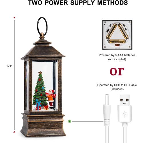 10'' Snow Globe Christmas, Musical Lighted Water Lantern with Swirling Glitter Decoration for Christmas Home, Living Room, Battery Operated or USB Powered (Christmas Tree)