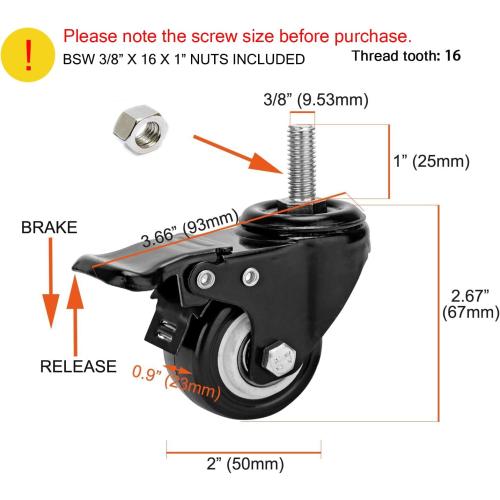 2 Stem Caster Wheels with Safety Dual Locking 600Lbs Heavy Duty Threaded Stem Casters No Noise Swivel Castors with Brakes 3/8- 16 x 1 (Set of 4)