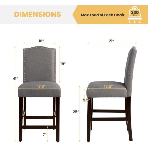 Size 17.5” x 21” x 41” Set of 2 Color Grey COSTWAY Bar Stools Set of 2, Linen Upholstered Counter Height Chairs with Solid Rubber Wood Legs, 25” Kitchen Island Wood Bar Chairs with Nail Heads Decorations, for Kitchen, Bistro, Café (2, Grey)