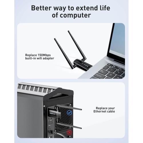 Black Wireless USB WiFi Adapter for PC - Nineplus 1300Mbps Dual 5Dbi Antennas 5G/2.4G WiFi Adapter for Desktop PC Laptop Windows11/10/8/7/Vista/XP, Wireless Adapters for Desktop Computer Network Adapters