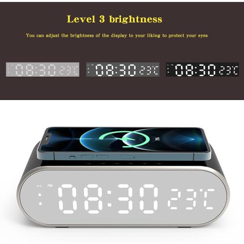 alarm clocks for bedrooms with phone charger，Small digital desktop clock with temperature display，Alarm clock with wireless charging station，Cute alarm clock with iPhone charging dock(White) (black)