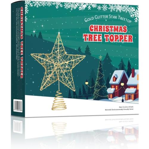 TEHAUX Christmas Tree Star Topper, 5 Point Metal Treetop Decoration with Golden Glitter Powder, Shimmery Tree Topper for Xmas Decorations, 9. 84 X 7. 87 Inches