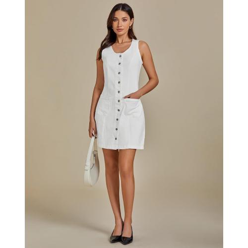 Size M luvamia Denim Dresses for Women Sleeveless Stretchy Jean Summer Casual Western Short Button Down Dress with Patch Pocket