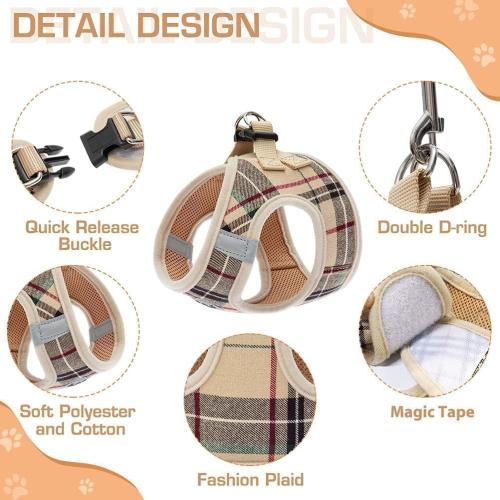 KOOLTAIL Dog Harness for Small Medium Dogs,Dog Harness and Leash Set, Step in No Pull Soft Mesh Padded Adjustable and Reflective Pet Vest Harness Puppy, Plaid Extra Harness for XS S Dogs, Beige S