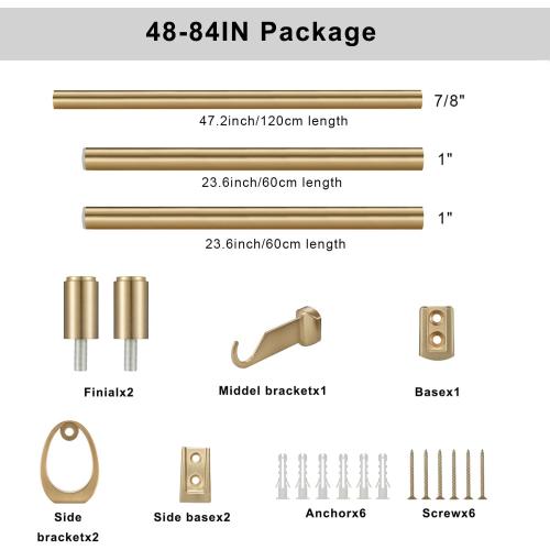 Modern Curtain Rods, 1Inch Diameter Decorative Single Window Rod Telescoping 48-84 Inch Adjustable Drapery Rods Warm Gold Color For Bedroom Living Room Kitchen Office
