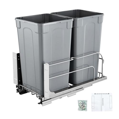 VEVOR Pull-Out Trash Can, 27 QT x2 Double Under Mount Kitchen Waste Container, Heavy Duty Garbage Recycling Bin with Door Kit and Soft Close Slide, for Kitchen Cabinet, Sink, Under Counter (Grey)