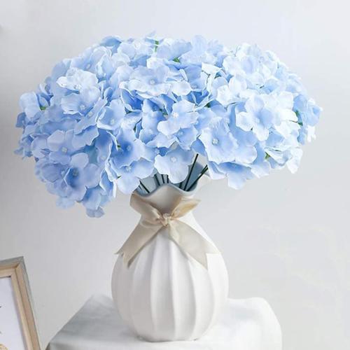 FagusHome Silk Hydrangea Heads 36 Pcs Artificial Flowers Heads and 3 Dozens Stems Fake Hydrangea Flowers with Stems for Home Wedding Decor (Light Blue)