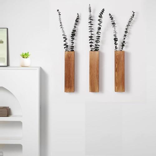 3-Pack Decorative Wood Wall Planters for Artificial Plant, Dried Flower Stems, 12 Slim Wood Wall Vases for Living Room, Bedroom, Bathroom, Apartment Decor