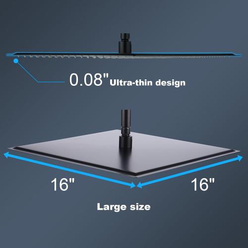 Shower Head,16 Inch Ultra Thin High Pressure Fixed Rain Showerhead Matte Black with Silicone Nozzle - Adjustable Metal Swivel Ball Joint - For the Best Relaxation and Spa