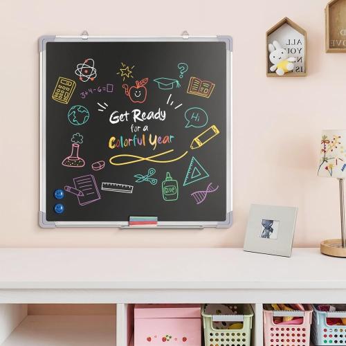 Chalkboard Set - 24 x 24 in Black Board with 1 Magnetic Chalk Eraser, 14 Chalk Sticks (7 Colors) and 4 Magnets - Large Message Wall Hanging Blackboard with Sturdy Frame for Home Office and Kitchen