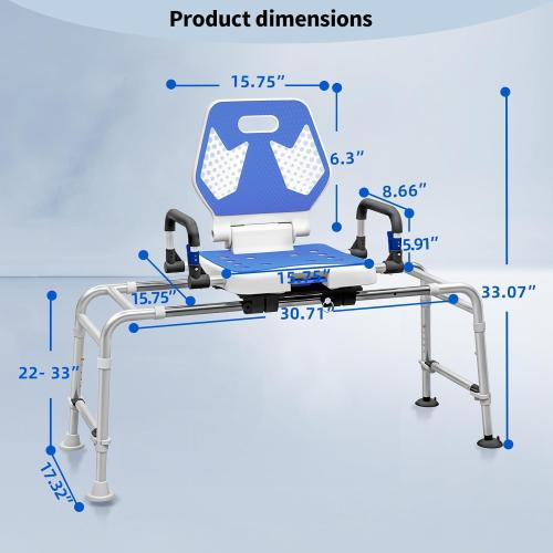Sliding Shower Chair Swivel Tub Transfer Bench with Backrest with Non Slip Suction Cups 400lbs Weight Capacity Adjustable Height Shower Seat for Elderly Disabled Bathing Inside Shower