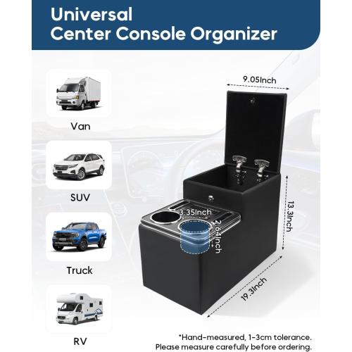 Center Console Between Seat with Lock, Cup & Phone Holder, Regular | Center Console for Truck, Van, Minivans, Motorhome, Truck Organizer with Cup & Phone Holders