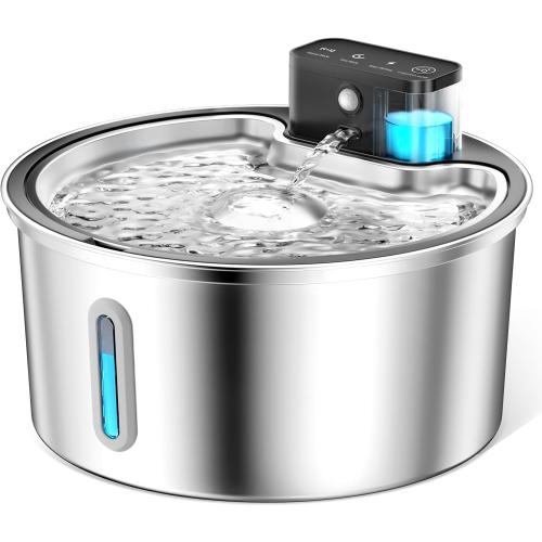 PawPoll Wireless Cat Water Fountain Stainless Steel - 3.2L/108oz Cordless Pet Water Fountain Battery Operated Cat Water Dispenser Ultra Silent Rechargeable Water Fountains for Cats and Dogs