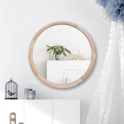 CONGUILIAO 24Inches Round Mirror Wood Wall Mirrors Decorative Circle Mirror, Nature Big Bathroom Large Vanity Mirrors for Living Room Bedroom Entryway Farmhouse