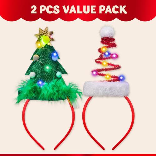 JOYIN 2 PCS Lighted Christmas Headbands with LED lights in Springy Santa Hat Tree Designs for Christmas and Holiday Parties (ONE SIZE FIT ALL)