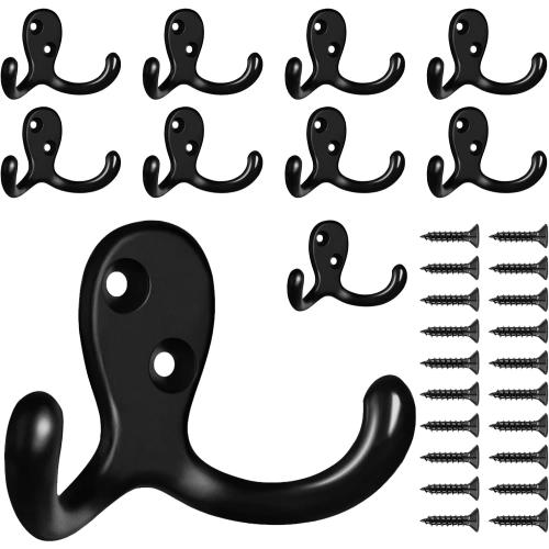 CBWLWJ 10 Pack Coat Hooks Wall Hooks for Hanging, Heavy Duty Double Prong Metal Hook Wall Mounted for Living Room, Bathroom, Kitchen, Bedroom for Coat, Bag, Scarf, Towel, Hat, Key, Cup (Black)