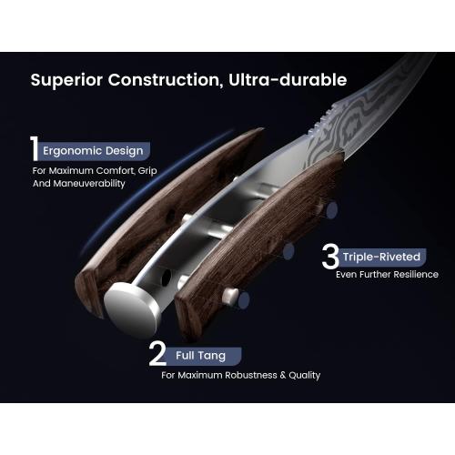 Steak Knives Set of 4, 4.8 Inch Quality Japanese Style Smooth Edge Meat Knife with Wood Handle, Damascus Pattern Full Tang Design, Ultra Sharp Dinner Knives with Exquisite Box, Kitchen Gifts