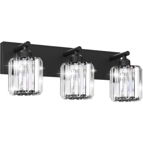 Black Crystal Bathroom Vanity Light, 3-Light Modern Bathroom Lighting Fixtures Over Mirror, Matte Black Wall Sconce Light Fixtures with Round Shade