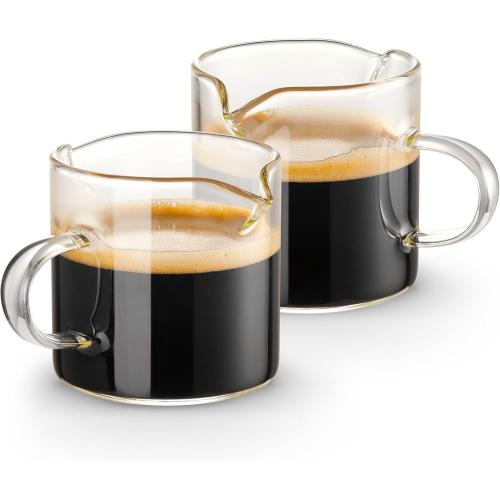 Espresso Cups Set of 2, 4 OZ Double Spouts Cups, Shot Glasses, Milk Cup with Handle, Clear Glass, Espresso Accessories for Machine, Small