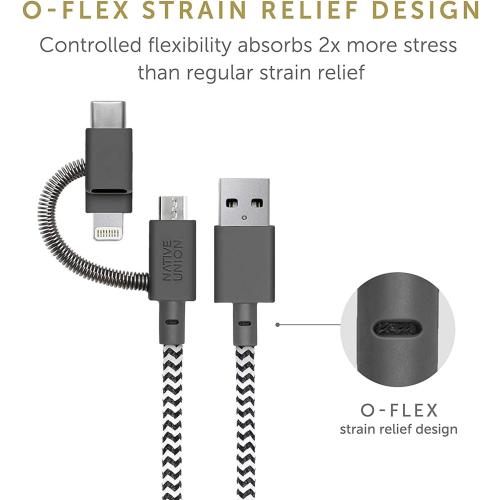 Native Union Belt Cable Universal - 6.5ft Ultra-Strong Reinforced [MFi Certified] Durable Charging Cable with 3-in-1 Adaptor for Lightning, USB-C and Micro-USB Devices (Zebra)