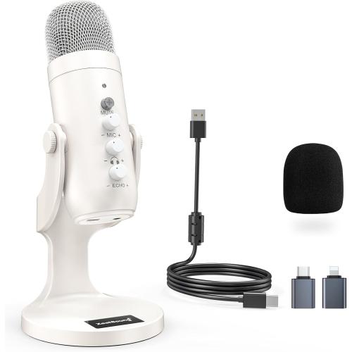ZealSound USB Microphone,Quick Mute Noise Cancel for Phone Computer PC PS5,Gaming Microphone with Gain Control,Echo Monitor Volume Adjust for Streaming Vocal Recording ASMR Podcast Video K66 White
