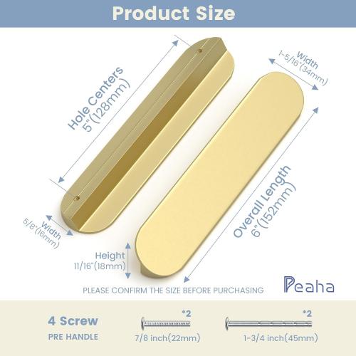 Peaha 5 Pack Gold Cabinet Pulls 5 inch Edge Pulls for Cabinets Desk Pull Gold Handle for Kitchen Cabinets 128mm Hole Centers