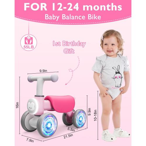 Toddler Toys Balance Bike for 1 Year Old Girl Gifts,4 Wheels Colorful Lighting with Music Baby First Bike,Toddler Girl Toys Balance Bike for 1st 2 Year Old Birthday Gifts