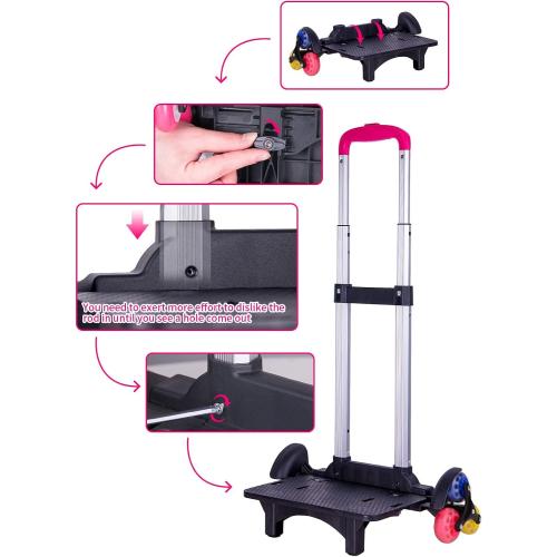 Color Black and Pink Backpack Trolley, Wheeled Trolley Aluminium Alloy Foldable Hand Cart 6 Wheels Rolling Luggage Carts for Kids School