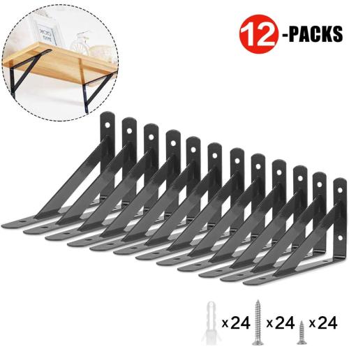 Heavy Duty Shelf Brackets 12 Packs Eau L Corner Brace Black 4 X 6 Inch 90 Degree Floating Shelves, Tripod Triangle Shelf Brackets for Floating Wood Shelves