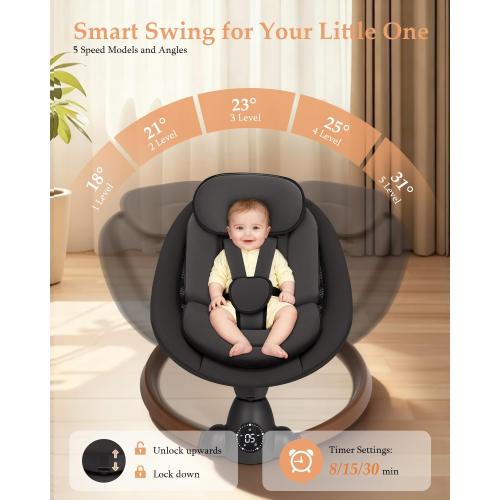 Baby Swing for Infants, Electric Baby Swing with Bluetooth, Portable Infant Swing with 5 Speeds, 10 Songs, 5-Point Harness & Remote Control, for Newborns Infants Indoor Outdoor Use (Black)