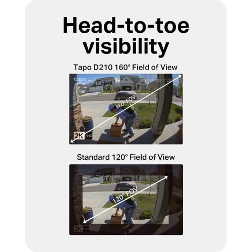 Tapo 2K Wireless Smart Video Doorbell w/Chime, 160° Ultra-Wide View, D210