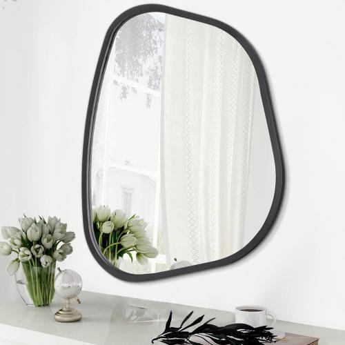 Black Asymmetrical Wall Mirror Large 20x16 Irregular Oval Mirror Modern Wood Frame Unique Shape Wall Mounted Vanity Artistic Mirrors Decorative for Living Room Bedroom Bathroom Hallway