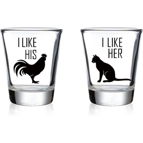 Funny Couples Shot Glasses 2oz Set - Cat & Rooster Design with I Like Her/I Like His, Gag Novelty Gift for Wedding Anniversary Engagement Party Favors
