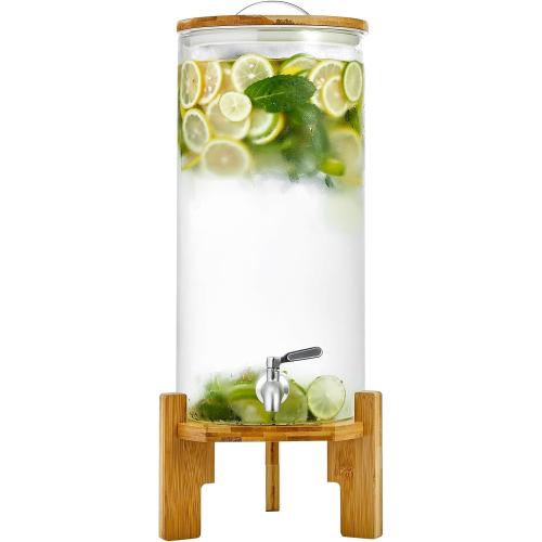 Size 2.9 Beverage Dispenser 2.9 Gallon with Spigot Glass Water Dispenser for Parties, Bars, Restaurants (11L）with Wood Stand Drink Dispensers