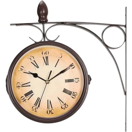 Double-Sided Vintage Railway Station Wall Clock, 8.66 inch, Brown Iron Frame, Roman Numerals