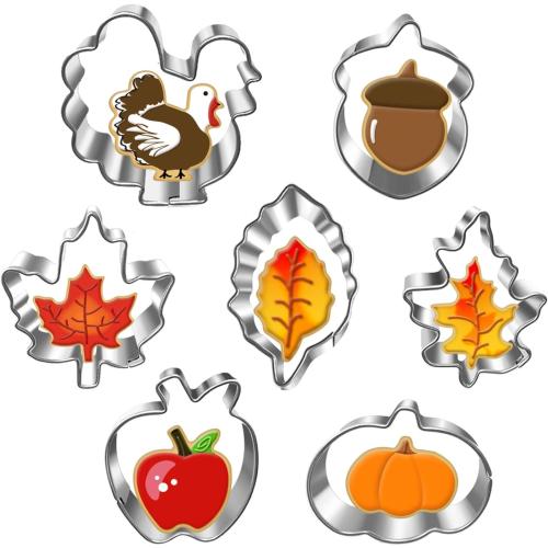 Mini Autumn Cookie Cutter Set-7 Piece-2.0 Inch-Diswasher Safe-Autumn Leaf, Apple, Pumkin, Acorn, Maple, Turkey-Mini Baking Pie Crust Cutter for Thanksgiving